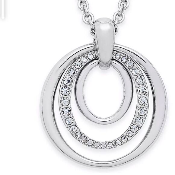 NWT Charter Club Pavé Pendant Necklace three ring round silver tone - Picture 1 of 6